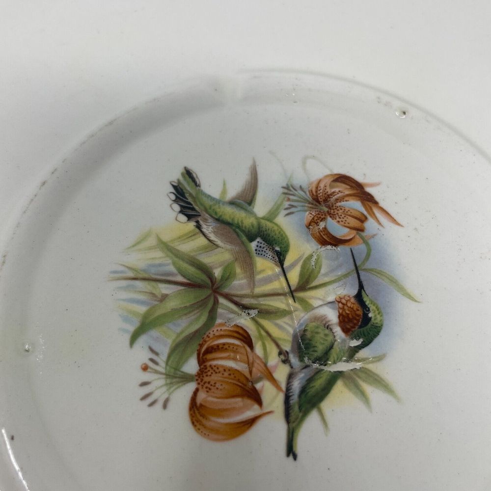 Vintage 1980 Ceramic Pie Plate Dish Green Scalloped Hummingbird Floral Design - Picture 7 of 11